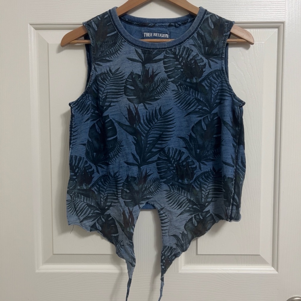 True Religion Women’s Blue Tied Up Palm Leaf Design Tank Top
